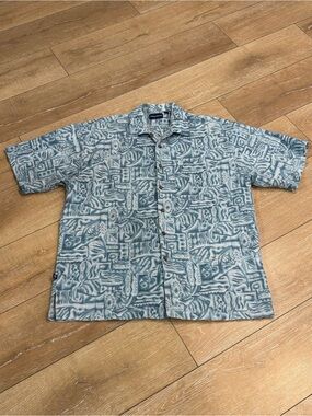 West Marine Hawaiian Aloha Camp Shirt Blue Tribal Tiki Print 100% Cotton Size L